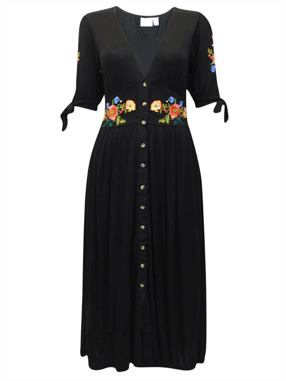 ASOS DESIGN Embroidered Midi Button Through Tea Dress Black Fit & Flare Size 10